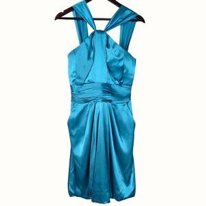 David's Bridal 84177 Y Neck Charmeuse Teal Blue Satin Bubble Hem Dress Size 2